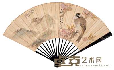 任伯年 杨伯润 庚辰（1880）年作 桃花小鸟 绿杨风起 成扇 18×53cm